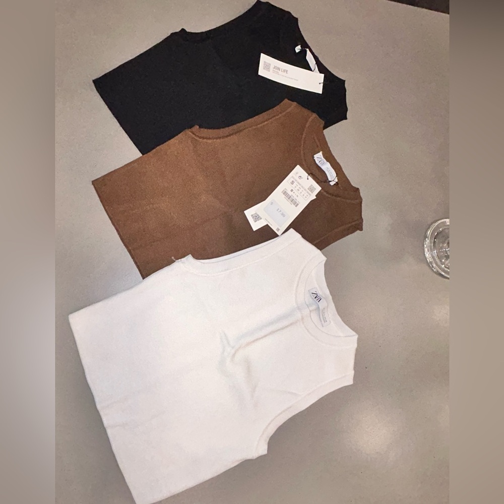 Zara Tan and White Sleeveless Tops